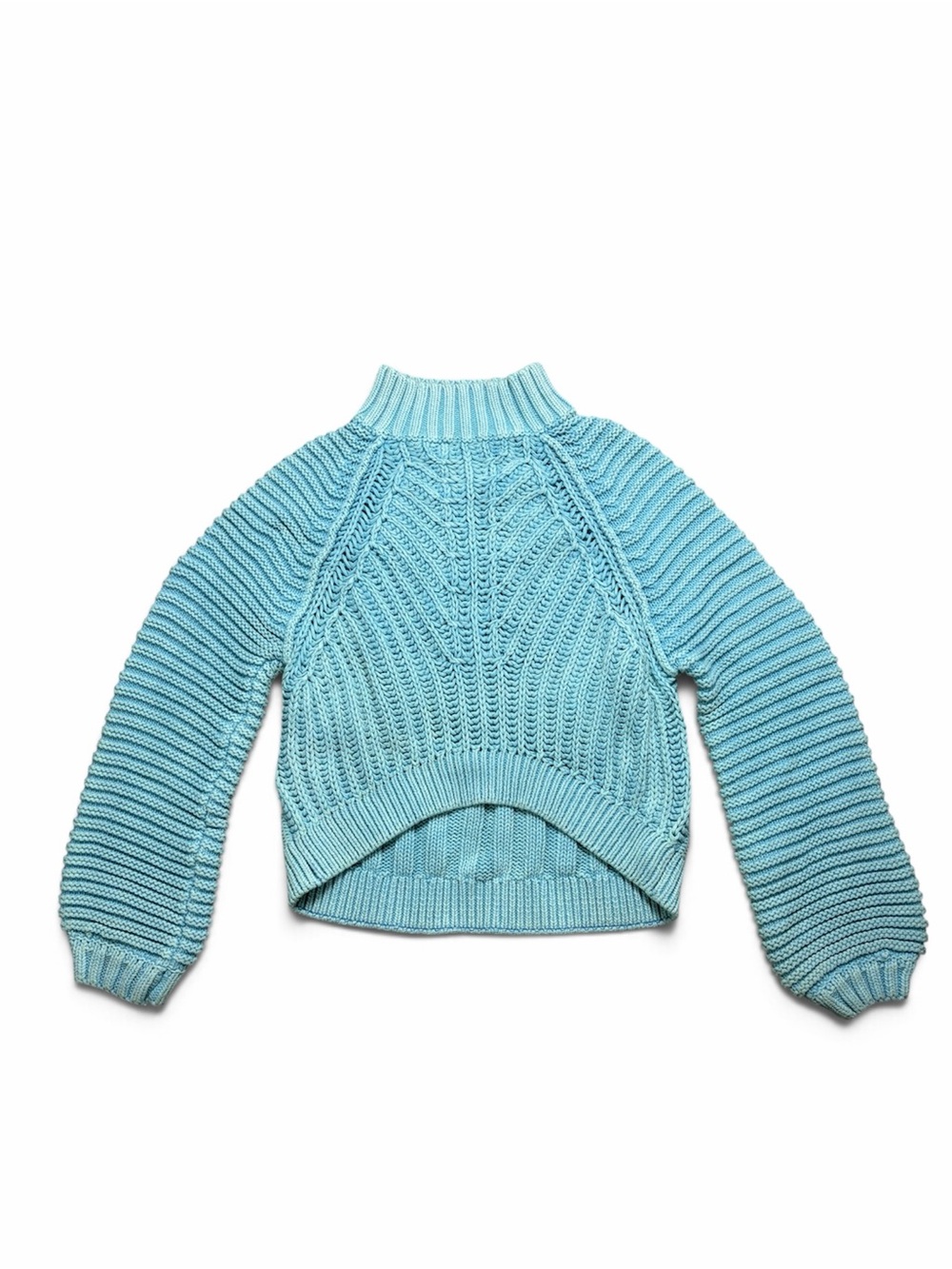 Free People Aqua Blue Chunky Knit Mock Neck Sweater S Cotton High Low Hem